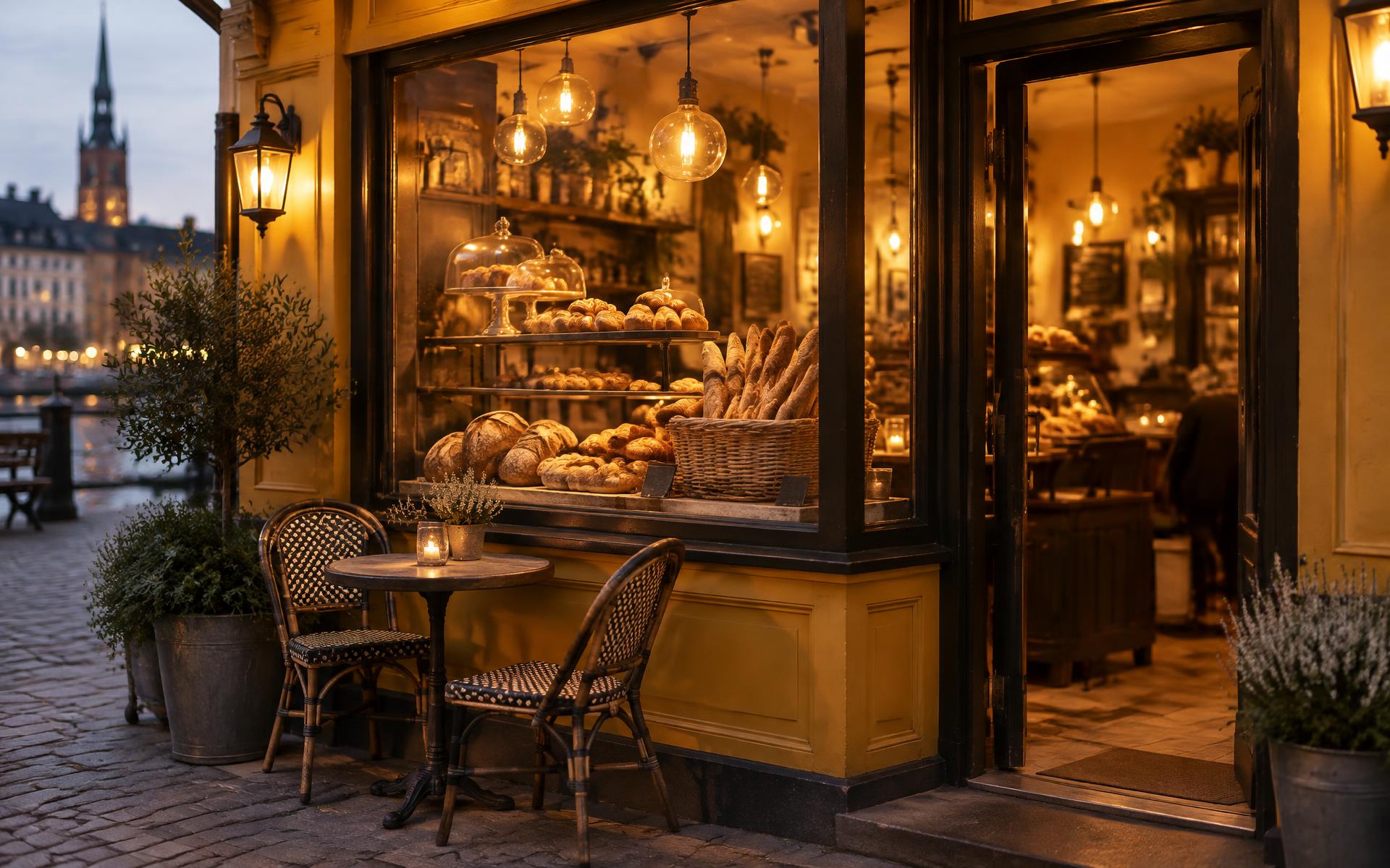 Varmt upplyst franskt bagerifönster i Stockholm med bröd, bakverk och bistrobord